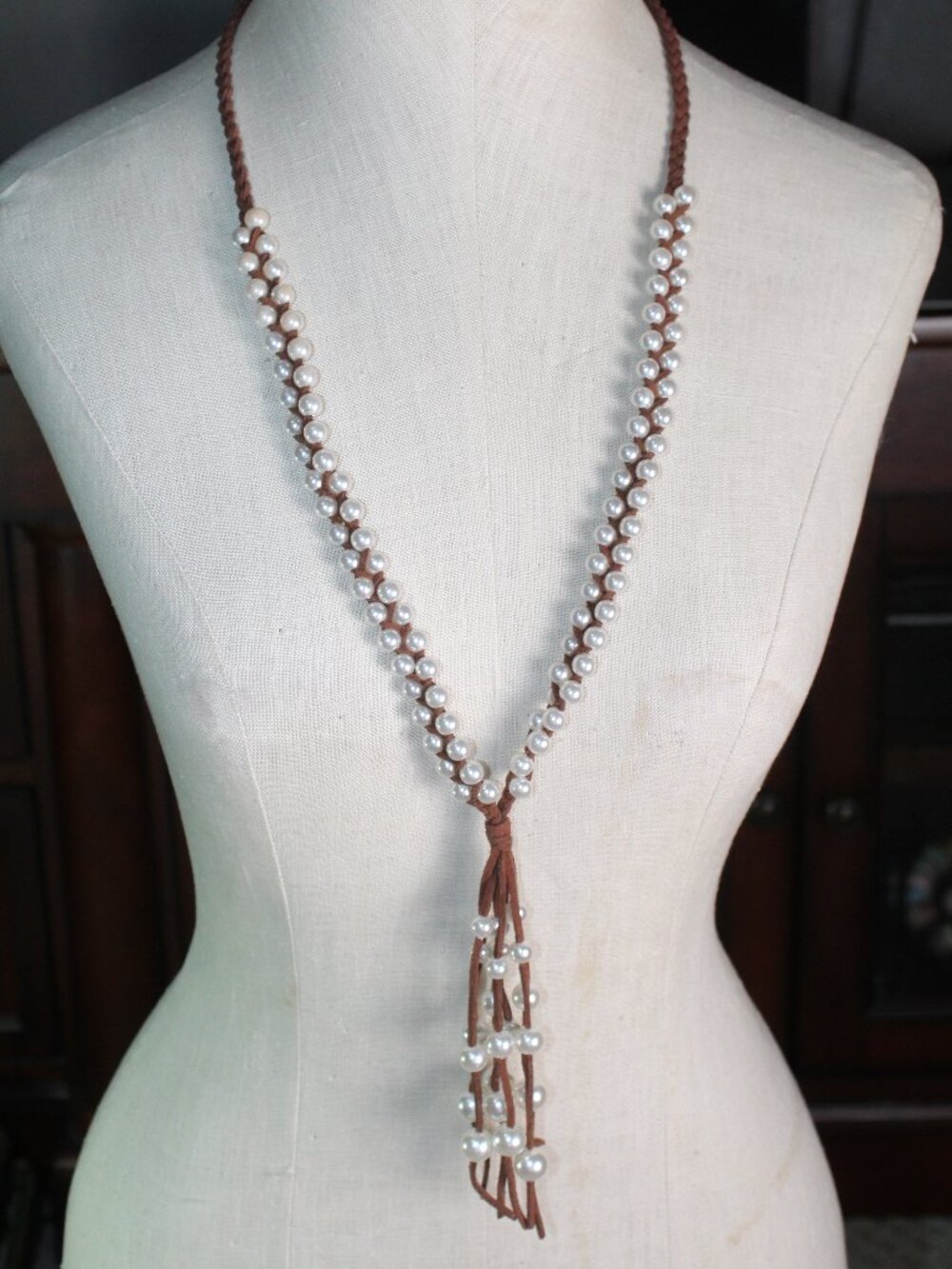 Simulated Pearl Woven in 32" Faux Suede Cord with Tassel Accent
